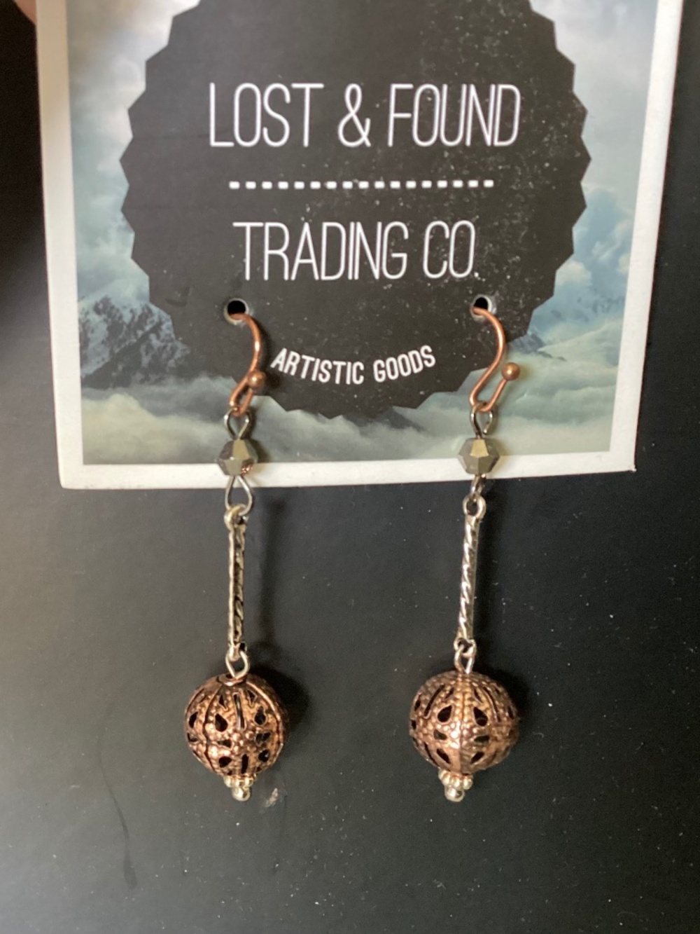 Unique designed hand-crafted Earrings, bronze metallic, sliver, 1.5” dangles.